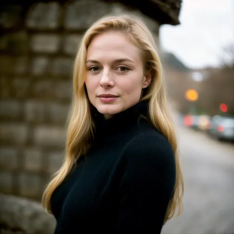 heathergraham a close up portrait photo of a beautiful 26 y.o woman in knit turtleneck, long haircut, pale skin, slim body, background is city ruins, (high detailed skin:1.2), 8k uhd, dslr, soft lighting, high quality, film grain, Fujifilm XT3
