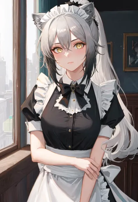 best quality, masterpiece, highres, solo, {schwarz_arknights:0.90}, {maid:1.40}, {long maid dress:1.15}