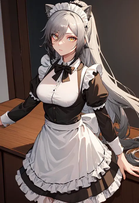 best quality, masterpiece, highres, solo, (schwarz_arknights:1.10), (maid:1.40), (long maid dress:1.15), 29 <lora:schwarz_arknights:0.80>
