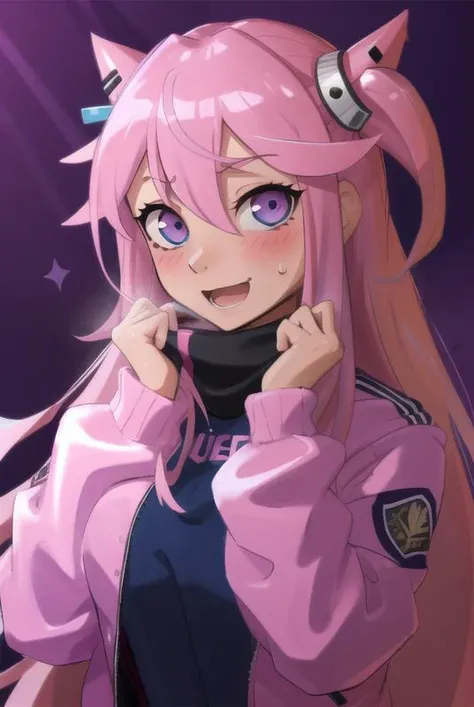 <lora:pudgeruffian:0.8>, pudgeruffian, masterpiece, best quality, 1girl, long hair, solo, cube hair ornament, pink hair, pink jacket, hair ornament, jacket, blue eyes, track jacket, looking at viewer, blush, breasts, open mouth, hair between eyes, bangs, upper body, long sleeves, v, nervous smile, one side up, sweat, sweatdrop, very long hair, nervous, hands up, medium breasts