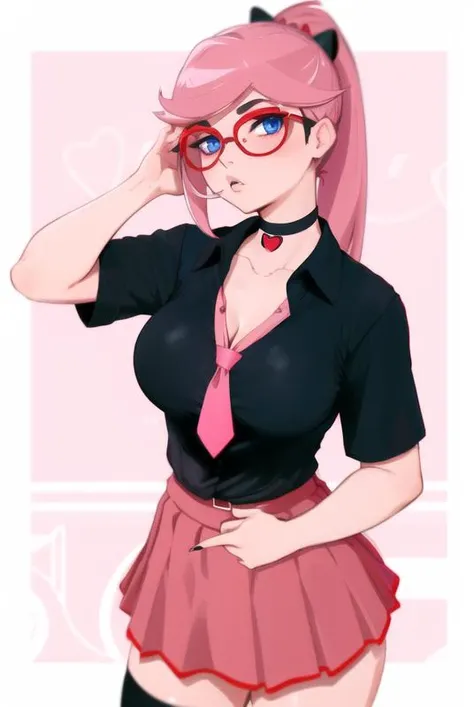 <lora:pudgeruffian:0.8>, pudgeruffian, masterpiece, best quality, 1girl, breasts, skirt, long hair, choker, red skirt, large breasts, hair ornament, nail polish, red bow, black choker, solo, red nails, shirt, cleavage, necktie, bear hair ornament, bow, bangs, glasses, black shirt, bra, collarbone, blue eyes, miniskirt, red-framed eyewear, underwear, hand on hip, pleated skirt, short sleeves, cowboy shot, looking at viewer, heart, bespectacled, ponytail, black bra, symbol-shaped pupils, shiny, shiny hair, pink nails, white necktie, pink hair, hand up, alternate hairstyle, heart-shaped pupils, black necktie