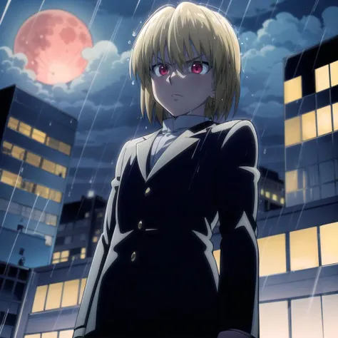 <lora:Kurapika004:0.7>,
Kurapika,1girl,
black suit, cowboy shot, city, night sky, ((raining)), red moon, red eyes, shadow, shaded face, from below,
, angry,
<lora:add_detail:1>