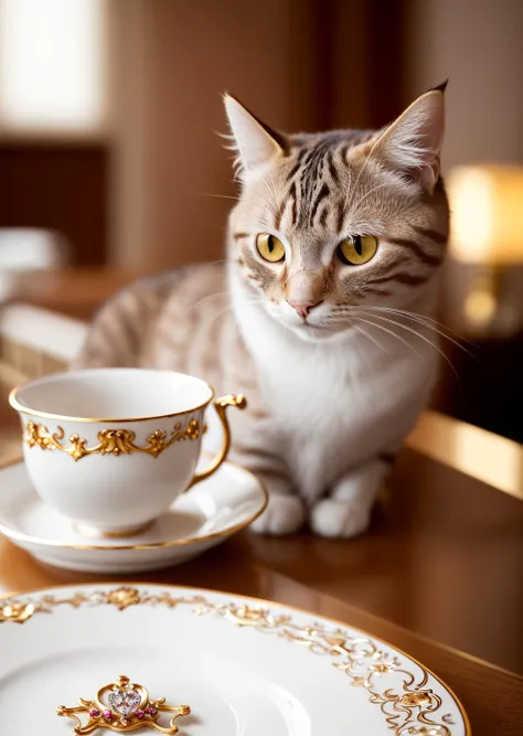 cat sitting at a fine dining table, wearing a tiny crown, crystal and porcelain plateware wealthy luxurious opulent mansion f/1.4 200mm zoom depth of field ultra sharp photograph, (bright morning sunlight shining:1.2) (masterpiece:1.2) (photorealistic:1.2) (bokeh) (best quality) (detailed skin) (intricate) (8k) (HDR) (cinematic lighting) (sharp focus)