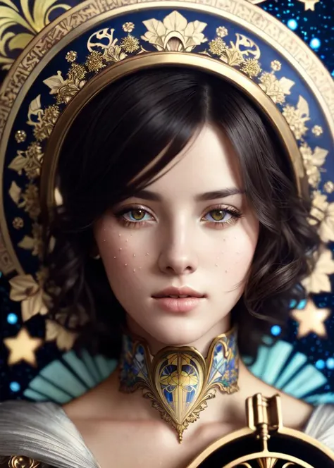 fashion photography portrait of beautiful girl knight in heavy armor, holding an ornate weapon, (alphonse mucha background:1.16), blue starry sky, 3d render, symetrical, octane render, 35mm, bokeh, 9:16, (intricate details:1.12), hdr, (intricate details, hyperdetailed:1.15), (natural skin texture, hyperrealism, soft light, sharp:1.2)