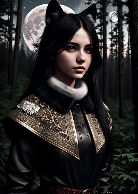 best quality, ultra-detailed, illustration, 1girl, black long hair, red eye, wolf ears, black mantle, fluffy collar, forest, moon, sketch, full body, highest quality, skin texture, intricate details, (cinematic lighting), RAW photo, 8k