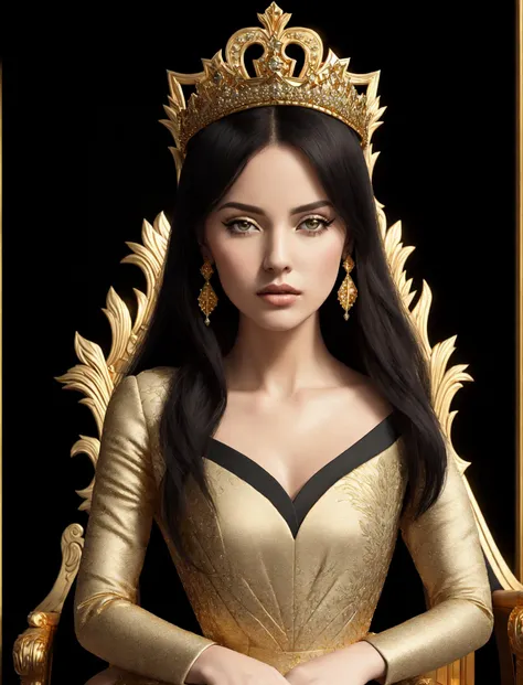 8K, smooth HD, realistic, ray tracing, women, focus, (sitting on a beautiful black and gold throne:1.5), (looking down at viewer), background dark room, surrounded by fog, queen crown, beautiful white and gold queen dress, Bridal Gold Leaf Rhinestone Headband, detailed face, detailed eyes, beautiful hands, detailed hands,