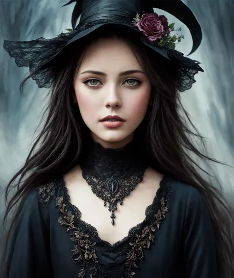 ornate, intricate details, beautiful witch, gothic style, hyper-realistic fantasy art, digital illustration, beautiful dark angel, Photography, powerful colors, Modern, Fantasy concept art, 32k resolution, best quality, Masterpiece, Natural light, Insanely detailed, 8k resolution, Fantasy art, Detailed painting, Hyper Realism, Photorealistic, by aguilar, beautiful detailed intricate, Insanely detailed, natural skin, soft impressionist perfect composition, award-winning photograph, Kids story book style, Muted colors, Watercolor style