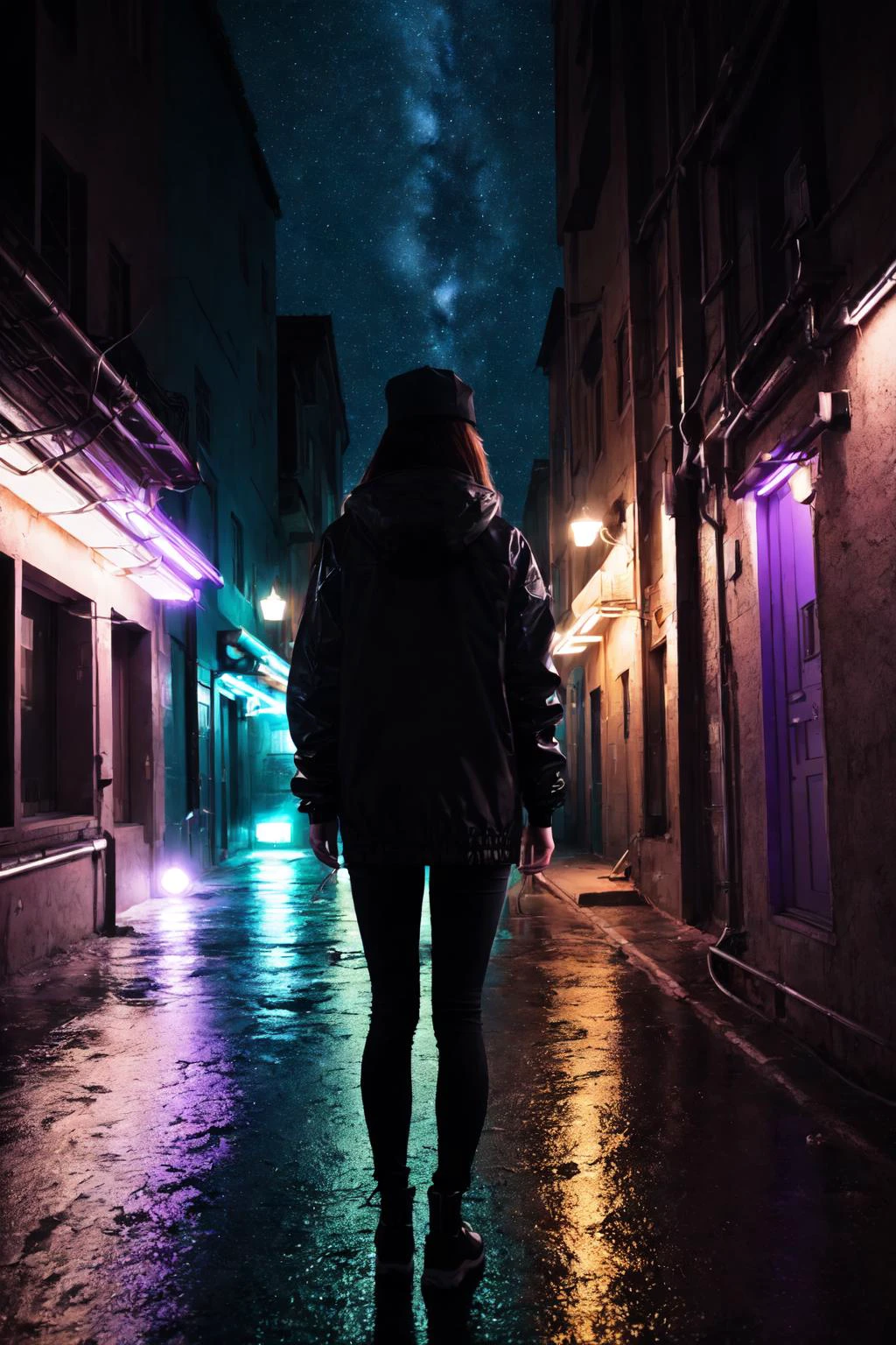 (masterpiece:1.2, best quality), (real picture, intricate details), raytracing, detailed face, extremely detailed CG unity 8k wallpaper, illustration, 1girl, long black hair, black cap, tall body, slender body, glowing purple eyes, gas mask covering whole face, tall slender body, black oversized jacket with purple lights, city landscape, back alley, neon lights, low camera angle shot, wide shot, full body shot, raining, night sky, isolated,