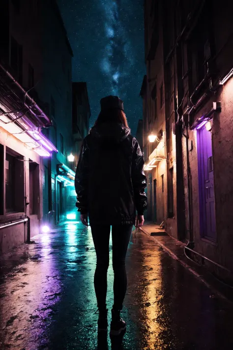 (masterpiece:1.2, best quality), (real picture, intricate details), raytracing, detailed face, extremely detailed CG unity 8k wallpaper, illustration, 1girl, long black hair, black cap, tall body, slender body, glowing purple eyes, gas mask covering whole face, tall slender body, black oversized jacket with purple lights, city landscape, back alley, neon lights, low camera angle shot, wide shot, full body shot, raining, night sky, isolated,