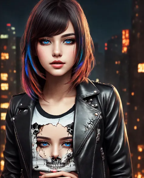 Young beautiful Girl hiding in shattered industrial atmosphere,post apocalyptic ruined city, black tattered shirt, high detail, black colors,( cyberpunk), detailed eyes, hdr, 8k, ultra realistic, belly, (skulls on the ground), (small chest), black leather jacket, (beautiful detailed eyes), (detailedlight), ((intricate detail)), (highres), rubin-like dark red eyes, plump lips, small nose, thick eyebrows, almond-shaped eyes, detailed background, ((illustration)), (((masterpiece))), ((best quality)), (High resolution), (multi-colored hair)