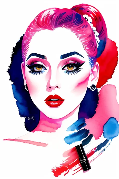 illustration, extreme bold, ink watercolor, white background, girl, solo, simple background, white background, lips, eyelashes, makeup, traditional media, lipstick, eyeshadow, eye focus, female James Stewart,