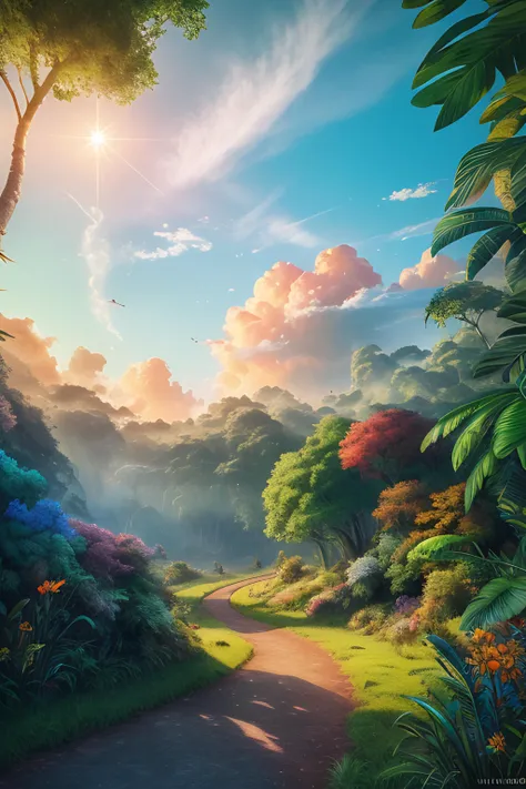 Ultra Realistic, fantasy nature, sky and ground, heavy wind, line cloud, Light shoot from the cloud, jungle, bright fun, ((extreme colors)), vibrant, beautiful, UHD, 8K, extremely detailed, photography, photorealism, natural light, masterpiece, best quality, amazing, intricate, highly detailed, sharp focus, cinematic,