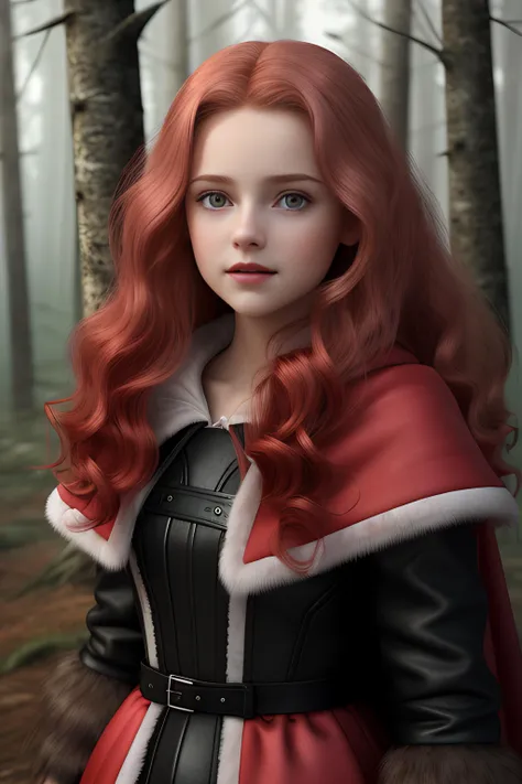 Ultra Realistic, , pink skin tones, looking at viewer, scared, natural skin texture, realistic eye and face details, full lips, lipstick, red eyeshadow, red hair, fluffy long hair, little smile, wearing a black and red cloak, beautiful legs, slim, standing, surrounded by a pack of wolves, A dark and forbidding forest, filled with dangerous creatures and many wolves, UHD, 8K, extremely detailed, photography, photorealism, natural light, masterpiece, best quality, amazing, intricate, highly detailed, sharp focus, cinematic,