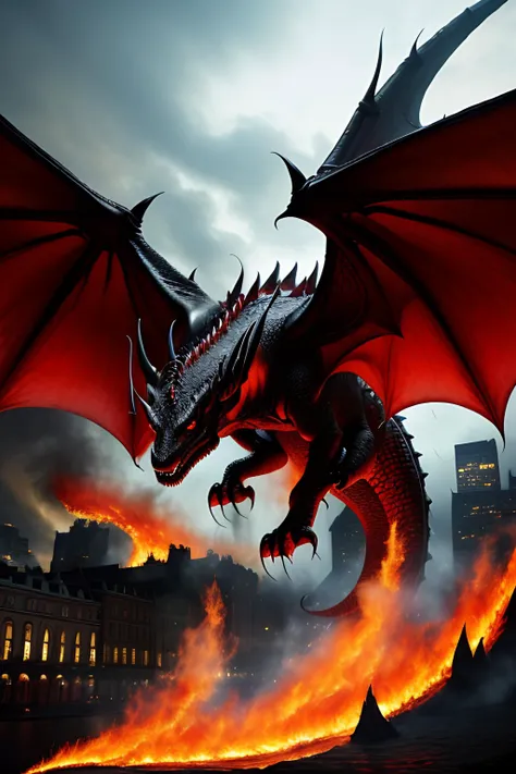 Ultra Realistic, a demonic dragon, black and red scales, sinister, evil, fire breathing, huge flames, background is a burning city, people on fire, UHD, 8K, extremely detailed, photography, photorealism, natural light, masterpiece, best quality, amazing, intricate, highly detailed, sharp focus, cinematic,