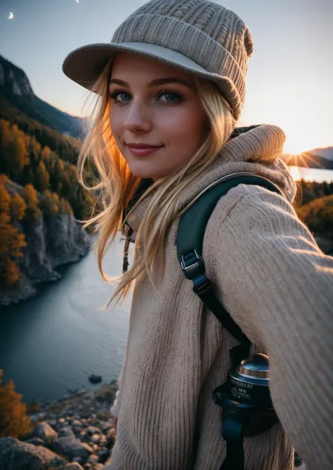 1 blonde woman ((upper body selfie, happy)), masterpiece, best quality, ultra-detailed, solo, outdoors, (night), mountains, nature, (stars, moon) cheerful, happy, backpack, sleeping bag, camping stove, water bottle, mountain boots, gloves, sweater, hat, flashlight, forest, rocks, river, wood, smoke, shadows, contrast, clear sky, analog style (look at viewer:1.2) (skin texture) (film grain:1.3), (warm hue, warm tone:1.2), close up, cinematic light, sidelighting, ultra high res, best shadow, RAW, upper body, wearing pullover