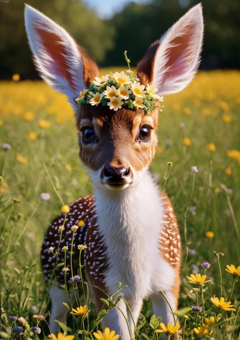 photo of a cute deer surrounded by beautiful flowers in a meadow, 8k resolution concept art( intricate details:1.2), beautiful eyes, sunlight, (high quality:1.2), trending on artstation, 8k, absurdres, chibi, extremely detailed fur,(close up:1.1)