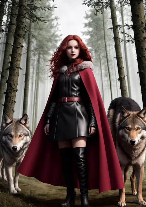 Ultra Realistic, , pink skin tones, looking at viewer, scared, natural skin texture, realistic eye and face details, full lips, lipstick, red eyeshadow, red hair, fluffy long hair, little smile, wearing a black and red cloak, beautiful legs, slim, standing, surrounded by a pack of wolves, A dark and forbidding forest, filled with dangerous creatures and many wolves, UHD, 8K, extremely detailed, photography, photorealism, natural light, masterpiece, best quality, amazing, intricate, highly detailed, sharp focus, cinematic,