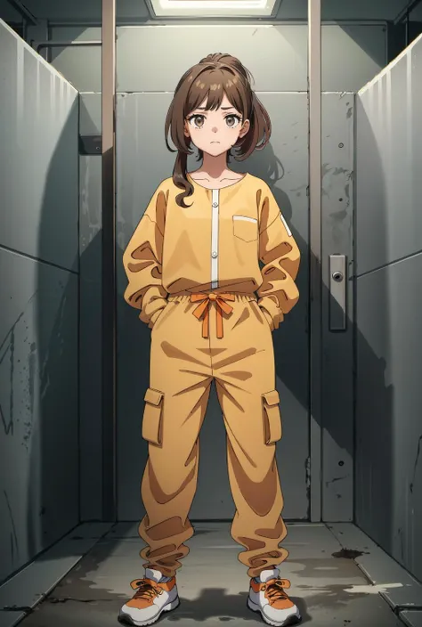 elaine,wearing orange prison uniform,orange jumpsuit,long sleeves,brown hair,brown eyes,(in concrete prison cell:1.1),ponytail,sad,standing,looking at viewer,slouching, <lora:elainepkm-10:0.75>, <lora:LORA-XenoDetailer-v2:0.1>