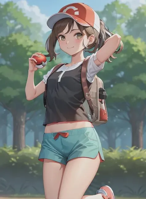 best quality, (masterpiece),(ultra-detailed), (high quality), (high resolution),  <lora:elainepkm:0.7>,elaine, 1girl, smile, bangs, brown hair, shirt, hat,  brown eyes, closed mouth,  white shirt, ponytail, short sleeves, shoes, shorts, bag, black shirt, short shorts backpack, red footwear, sneakers, clenched hand, baseball cap, red headwear, blue shorts, , green shorts, poke ball theme