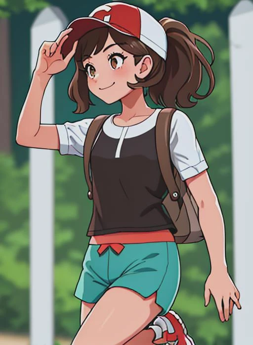 best quality, (masterpiece),(ultra-detailed), (high quality), (high resolution), <lora:elainepkm:0.7>,elaine, 1girl, smile, bangs, brown hair, shirt, hat, brown eyes, closed mouth, white shirt, ponytail, short sleeves, shoes, shorts, bag, black shirt, short shorts backpack, red footwear, sneakers, clenched hand, baseball cap, red headwear, blue shorts, , green shorts,