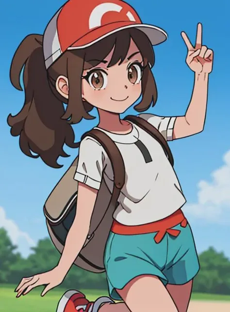 best quality, (masterpiece),(ultra-detailed), (high quality), (high resolution),  <lora:elainepkm:0.7>,elaine, 1girl, smile, bangs, brown hair, shirt, hat,  brown eyes, closed mouth,  white shirt, ponytail, short sleeves, shoes, shorts, bag, black shirt, short shorts backpack, red footwear, sneakers, clenched hand, baseball cap, red headwear, blue shorts, , green shorts,