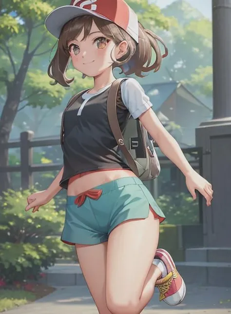 best quality, (masterpiece),(ultra-detailed), (high quality), (high resolution),  <lora:elainepkm:0.7>,elaine, 1girl, smile, bangs, brown hair, shirt, hat,  brown eyes, closed mouth,  white shirt, ponytail, short sleeves, shoes, shorts, bag, black shirt, short shorts backpack, red footwear, sneakers, clenched hand, baseball cap, red headwear, blue shorts, , green shorts, poke ball theme