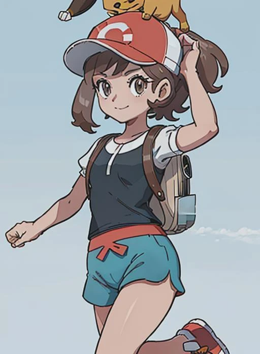 best quality, (masterpiece),(ultra-detailed), (high quality), (high resolution),  <lora:elainepkm:0.7>,elaine, 1girl, smile, bangs, brown hair, shirt, hat,  brown eyes, closed mouth,  white shirt, ponytail, short sleeves, shoes, shorts, bag, black shirt, short shorts backpack, red footwear, sneakers, clenched hand, baseball cap, red headwear, blue shorts, outline, running, on head, green shorts, pokemon on head, poke ball theme