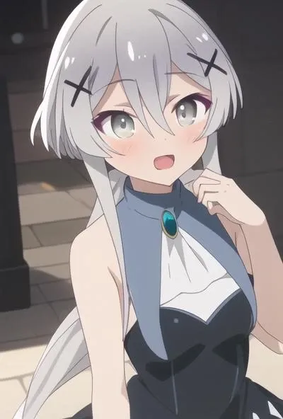 1girl, masterpiece, best quality, best quality, (Intricate detailed:1.2), light gray hair, light gray eyes, <lora:misana-08:0.8> dual long ponytail, dress, bare shoulders