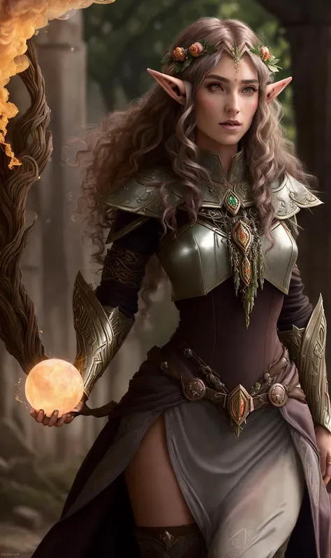 (Half-Elf Druid:1.2),castle ruin,Iron gray brilliant Peach armor,Chocolate side-swept bangs,haute_couture,hc_gown,war_glam,fighting posture,photoshoot style,intricate,studio lighting,masterpiece,highly detailed,8k,best quality,fire,smoke,dramatic,eery,diabolic,ornamented,mshn,<lora:mshn:0.7>,<lyco:Warrior_Couture:0.5>,