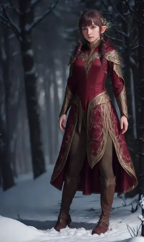 full-body,hobbit,portrait,hc_gown,war_glam armor,haute_coture,Arctic forest landscape,wispy bangs,masterpiece,8k,highest quality,intricate,ornamented,action posture,cinematic lighting,Rose gold Burgundy,highly detailed fabric,<lyco:Warrior_Couture:1>,