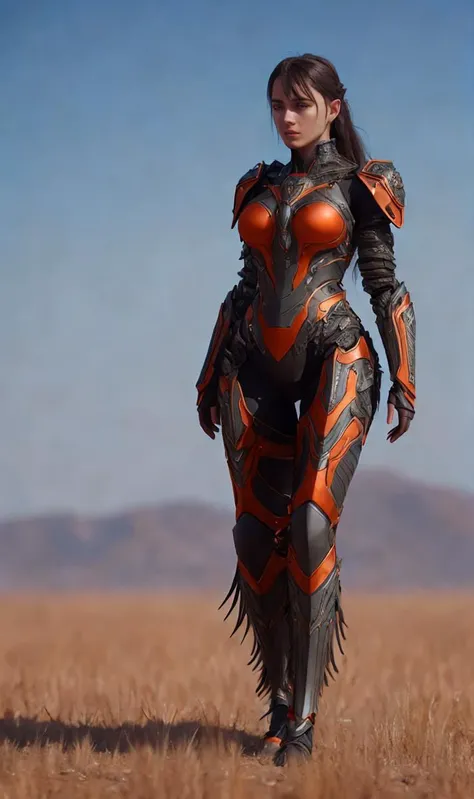 full-body,nymph,portrait,hc_gown,war_glam armor,haute_coture,Temperate steppe landscape,fringe,masterpiece,8k,highest quality,intricate,ornamented,fighting posture,cinematic lighting,Iron gray Orange,highly detailed fabric,<lyco:Warrior_Couture:1>,