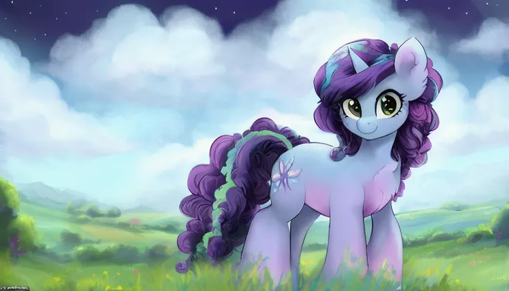(Derpibooru_p_95), unicorn, blue pony, misty brightdawn, solo, long curly purple and green mane, mauve stomach, green eyes, solo, very beautiful, best quality, perfect anatomy, (body fur), masterpiece, (safe), purple hooves, cute, flower field , night sky, <lora:PonyV4MistyV1:0.9>