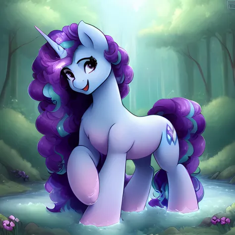 (Derpibooru_p_95),  <lora:PonyV4Misty:1>, unicorn, pony, Misty,  solo, very beautiful, best quality, perfect anatomy, (body fur), masterpiece, (safe), purple hooves, cute, long curly purple and green mane, forest and stream background