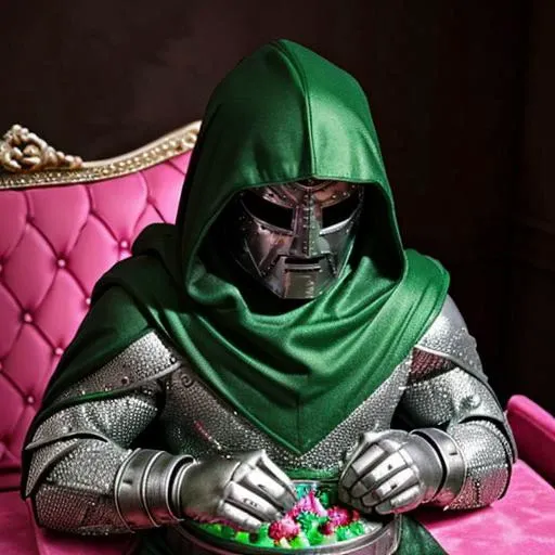 ( eating cookies in a pink room full of toys)(<lora:DoctorDoomLoRA:0.55> silver metal mask,green hood,green cape, belt, armor,green cloak, gauntlets), high quality, ultra realistic, sharpen image, upper body, Highly detailed,  <lora:more_details:0.3> <lora:real_slider:5>