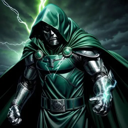 doctor doom, mask, green hood, cape, cloak, armor, belt, looking at viewer, dynamic shot, action pose, holding electricity, energy spell, yellow aura, illustration, high quality, masterpiece,  <lora:DoctorDoomLoRA:.4>