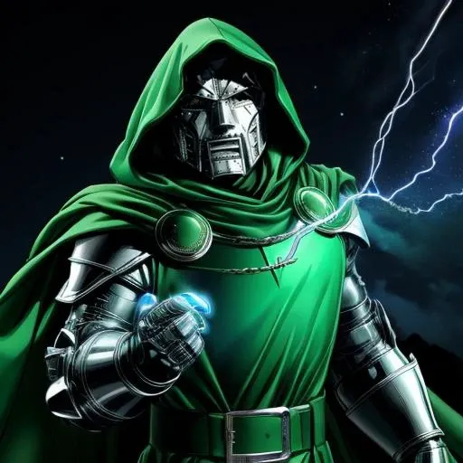 ( casting blue lightning between his hands, apocalyptic background)<lora:DoctorDoomLoRA:0.7> silver metal mask,green hood,green cape, belt, armor,green cloak, gauntlets, high quality, ultra realistic, sharpen image, upper body, Highly detailed, <lora:more_details:0.3> <lora:real_slider:-5>