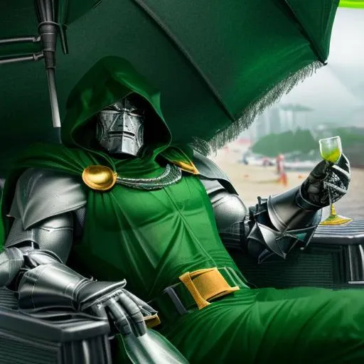 (laying on the beach in a chair with a drink wit umbrella)(<lora:DoctorDoomLoRA:1> silver metal mask,green hood,green cape, belt,green armor,green cloak,silver gauntlets), high quality, ultra realistic, sharpen image, upper body, Highly detailed, <lora:more_details:0.3>