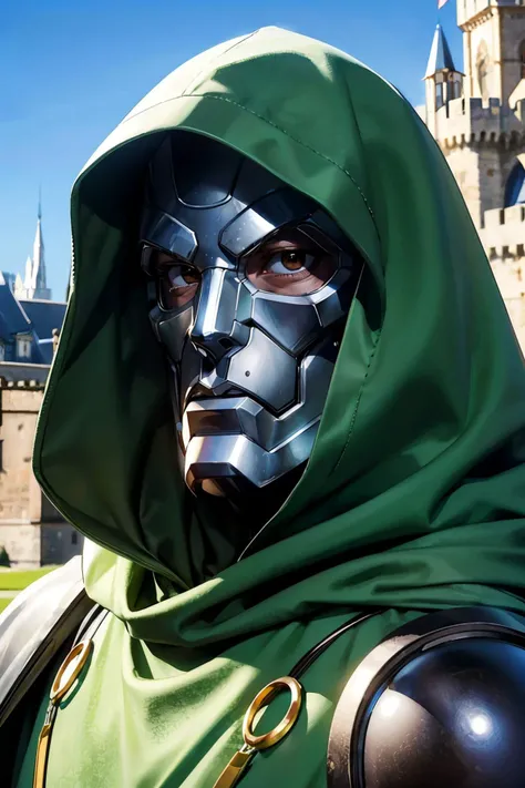 doctor doom, mask, green hood, cape, cloak,  looking at viewer, close up portrait, outside, castle, blue sky, high quality, masterpiece,  <lora:DoctorDoomLoRA:.4>