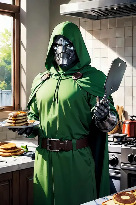doctor doom, mask, green hood, cape, cloak, armor, belt, looking at viewer, standing, medium shot, inside a kitchen, cooking food, pancakes, griddle, holding a spatula, bright lighting, high quality, masterpiece, <lora:DoctorDoomLoRA:.4>