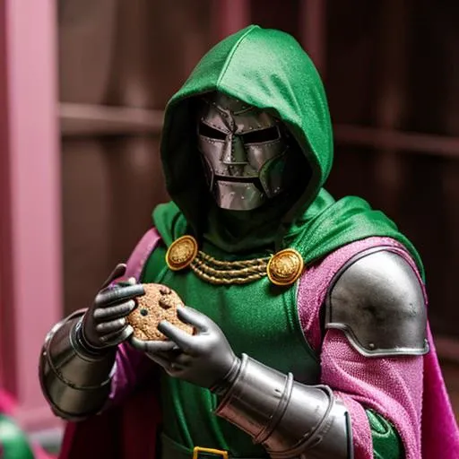 ( eating cookies in a pink room full of toys)<lora:DoctorDoomLoRA:0.55> silver metal mask,green hood,green cape, belt, armor,green cloak, gauntlets, high quality, ultra realistic, sharpen image, upper body, Highly detailed,  <lora:more_details:0.3> <lora:real_slider:5>