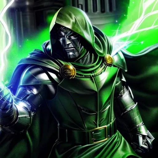 ( casting lightning between his hands)<lora:DoctorDoomLoRA:1> silver metal mask,green hood,green cape, belt, armor,green cloak, gauntlets, high quality, ultra realistic, sharpen image, upper body, Highly detailed, <lora:more_details:0.5> <lora:real_slider:5>