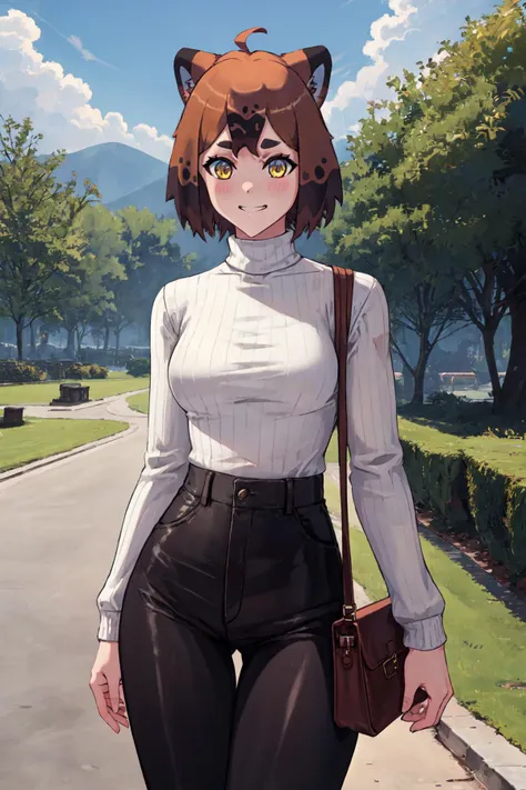 (masterpiece, best quality), outdoors, summer, 1girl, solo, TanukiWersmanManityro, yellow eyes, short hair, <lora:TanukiWersman_V1-Manityro-prodigy:1>, smirk, shirt, long sleeves, sweater, turtleneck, black pants, high-waist pants, handbag