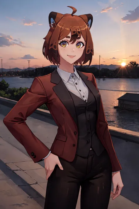 (masterpiece, best quality), outdoors, sunset, 1girl, solo, TanukiWersmanManityro, yellow eyes, short hair, <lora:TanukiWersman_V1-Manityro-prodigy:1>, toned, looking at viewer, smile, seductive smile, black suit, suit pants, black pants, hand on hip,