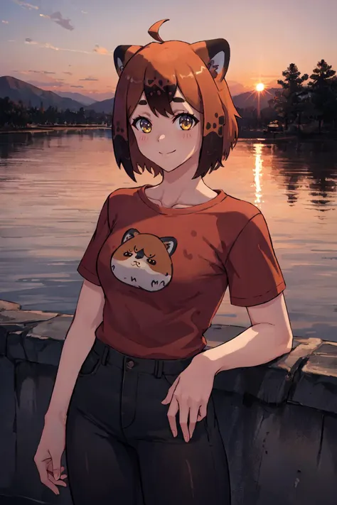 (masterpiece, best quality), outdoors, sunset, 1girl, solo, TanukiWersmanManityro, yellow eyes, short hair, <lora:TanukiWersman_V1-Manityro-prodigy:1>, toned, looking at viewer, smile, red t-shirt, pants, animal print