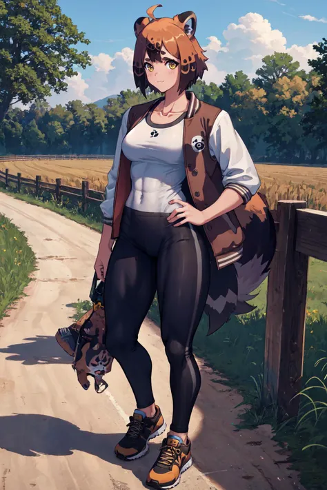 (masterpiece, best quality), outdoors, field, path, summer, 1girl, solo, TanukiWersmanManityro, yellow eyes, short hair, racoon tail, <lora:TanukiWersman_V1-Manityro-prodigy:1>, muscular female, looking at viewer, :3, collarbone, letterman jacket, open jacket, white shirt, shirt overhang, yoga pants, socks, black sneakers,