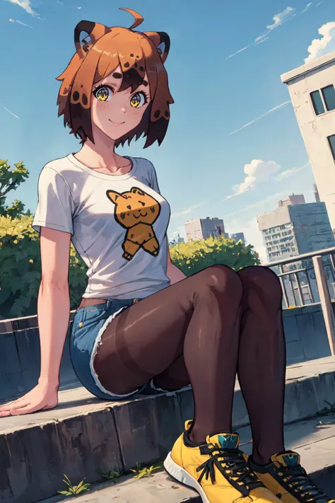 (masterpiece, best quality), outdoors, summer, 1girl, solo, TanukiWersmanManityro, yellow eyes, short hair, <lora:TanukiWersman_V1-Manityro-prodigy:1>, toned, looking at viewer, graphic tee, denim shorts, pantyhose under shorts, sitting, stairs, outdoors, city, wide shot, dutch angle, sneakers, smile