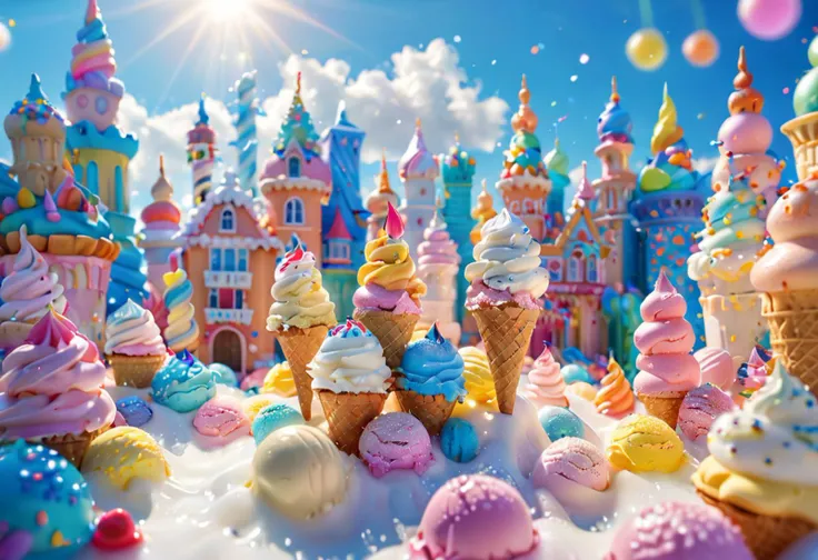 Ice cream city, buildings, sun ray, noon, vibrant, 4k,  <lora:lora:0.8> babycream