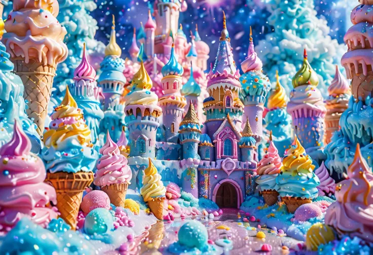 Fantasy castle, Landscape, ice cream, vivid colors, vibrant, 4k,  <lora:lora:0.8> cream