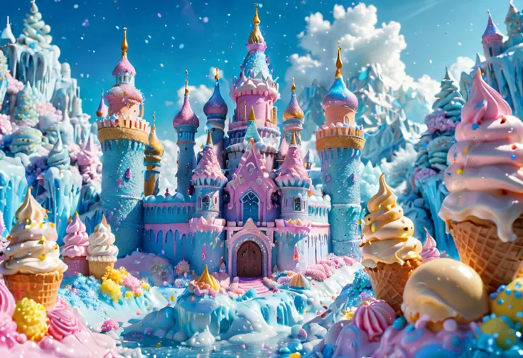 Fantasy castle, Landscape, ice cream, vivid colors, vibrant, 4k,  <lora:lora:0.8> cream