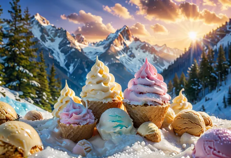 Iced mountain, Landscape, ice cream, sun ray, sunset, vibrant, 4k,  <lora:lora:0.8> babycream